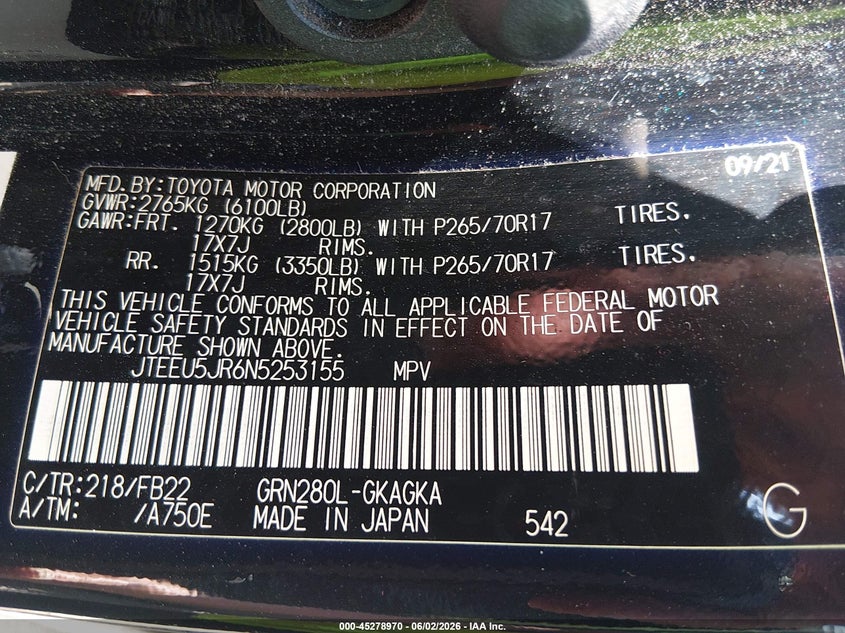2022 Toyota 4runner VIN JTEEU5JR6N5253155 IAAI salvage auction — REAR END, Salvage (Tennessee), sold $14,500 on 2026-07-24 (photo 9)