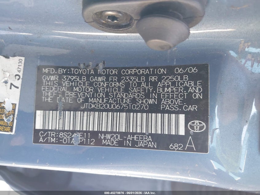 2006 Toyota Prius VIN JTDKB20U067510270 IAAI salvage auction — NORMAL WEAR, Clear - Dealer Only (California), sold $450 on 2026-07-13 (photo 9)