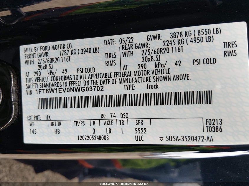 2022 Ford F-150 VIN 1FT6W1EV0NWG03702 IAAI salvage auction — FRONT END, Salvage Title, sold $22,900 on 2026-07-11 (photo 9)