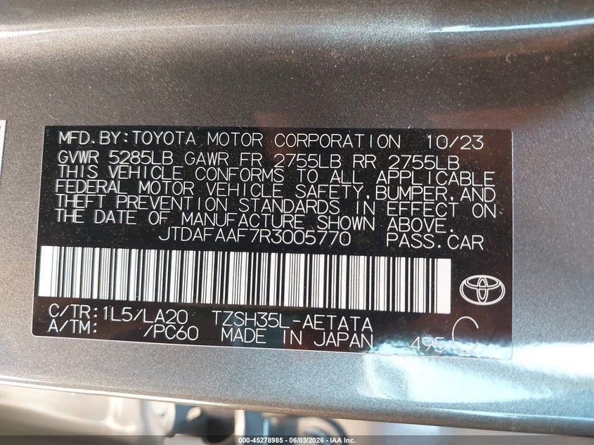 2024 Toyota Crown VIN JTDAFAAF7R3005770 IAAI salvage auction — HAIL, Salvage (Missouri), sold $20,500 on 2026-07-20 (photo 9)