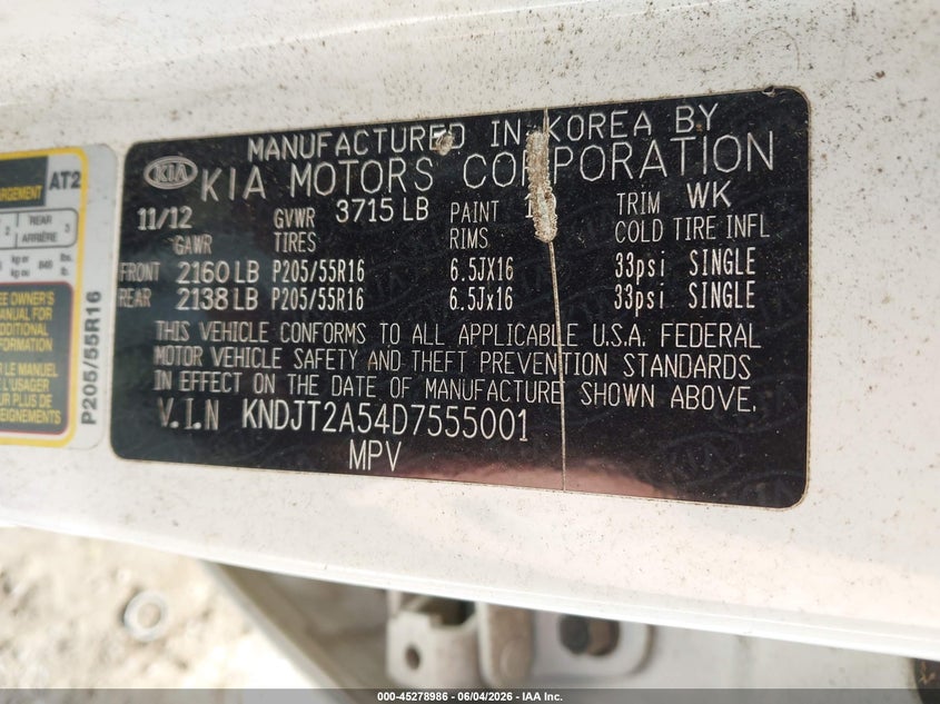 2013 Kia Soul VIN KNDJT2A54D7555001 IAAI salvage auction — NORMAL WEAR, Clear (Virginia), sold $375 on 2026-07-28 (photo 9)