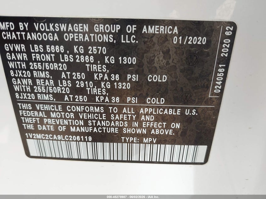 2020 Volkswagen Atlas cross sport VIN 1V2MC2CA9LC206119 IAAI salvage auction — FRONT END, Salvage Title, sold $4,900 on 2026-07-29 (photo 9)