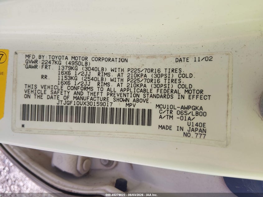 2003 Lexus Rx VIN JTJGF10UX30159017 IAAI salvage auction — RIGHT FRONT, Salvage (Louisiana), sold $375 on 2026-07-07 (photo 9)
