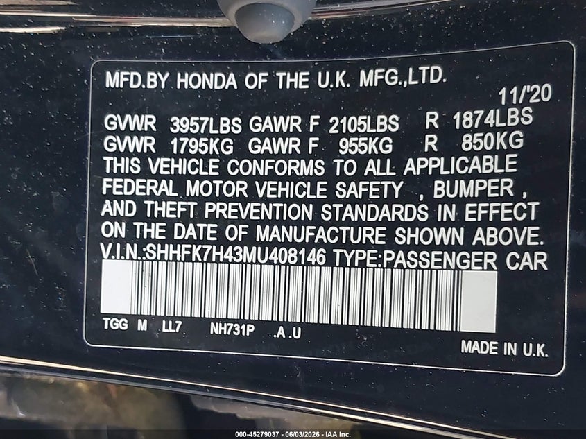 2021 Honda Civic VIN SHHFK7H43MU408146 IAAI salvage auction — FRONT END, Salvage Title, sold $4,950 on 2026-07-27 (photo 9)