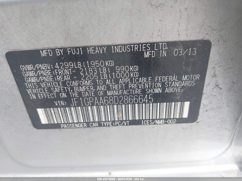 2013 Subaru Impreza VIN JF1GPAA68D2866645 IAAI salvage auction — NORMAL WEAR, Clear (Pennsylvania), sold $475 on 2026-07-06 (photo 9)