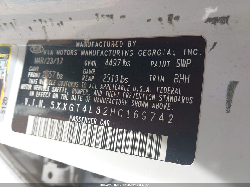 2017 Kia Optima VIN 5XXGT4L32HG169742 IAAI salvage auction — REAR END, Salvage Title, sold $625 on 2026-07-08 (photo 9)