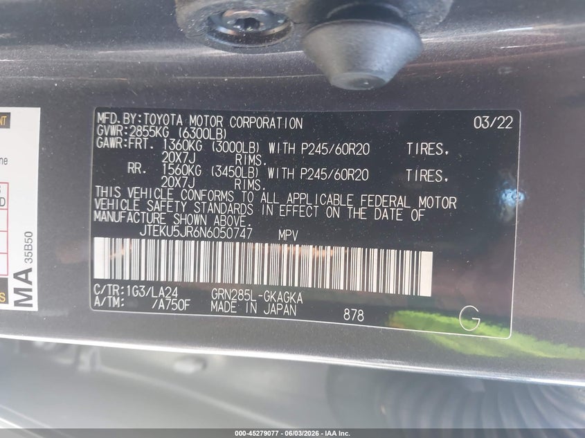 2022 Toyota 4runner VIN JTEKU5JR6N6050747 IAAI salvage auction — LEFT FRONT, Salvage (North Carolina), sold $14,100 on 2026-07-31 (photo 9)