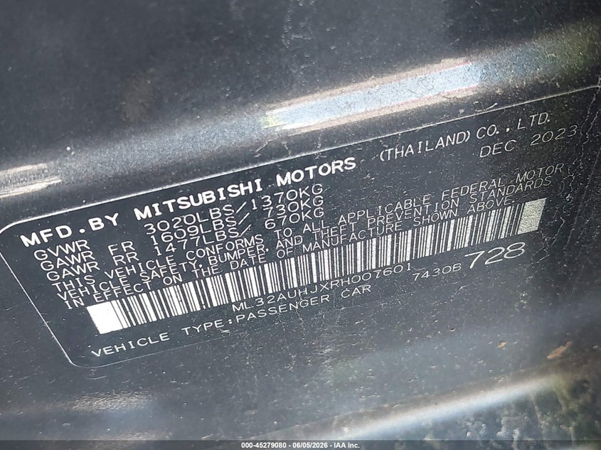2024 Mitsubishi Mirage VIN ML32AUHJXRH007601 IAAI salvage auction — REAR END, Salvage Title, sold $1,400 on 2026-07-20 (photo 9)