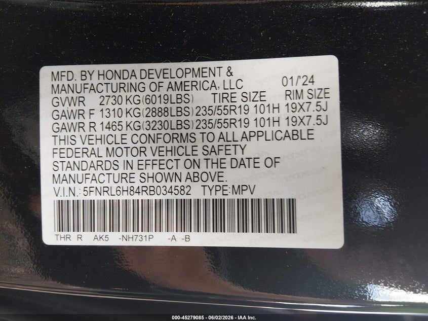 2024 Honda Odyssey VIN 5FNRL6H84RB034582 IAAI salvage auction — RIGHT REAR, Salvage Title, sold $13,100 on 2026-07-29 (photo 9)