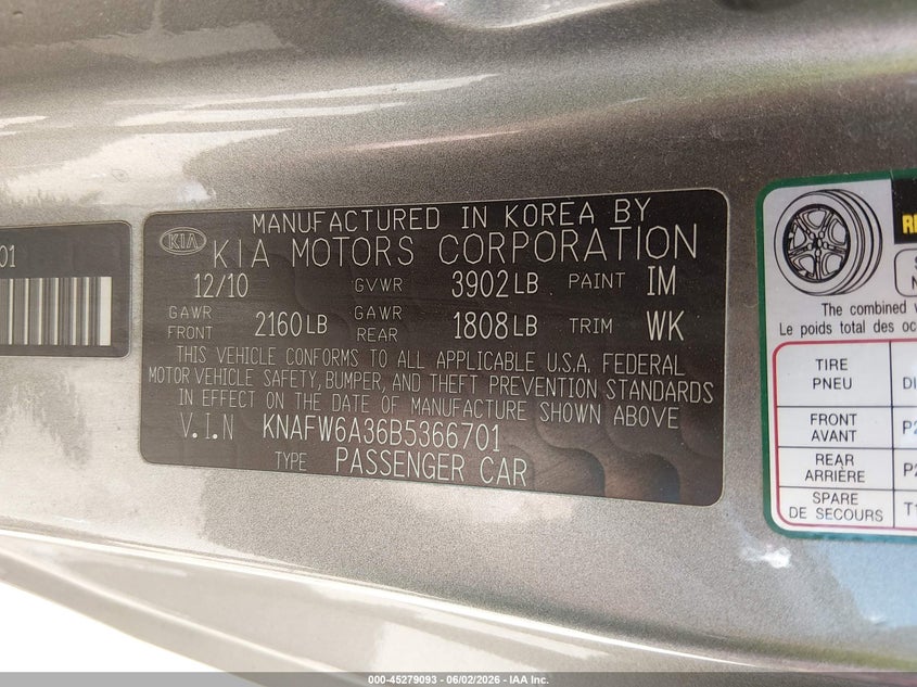 2011 Kia Forte VIN KNAFW6A36B5366701 IAAI salvage auction — REAR END, Clear (Tennessee), sold $825 on 2026-07-15 (photo 9)