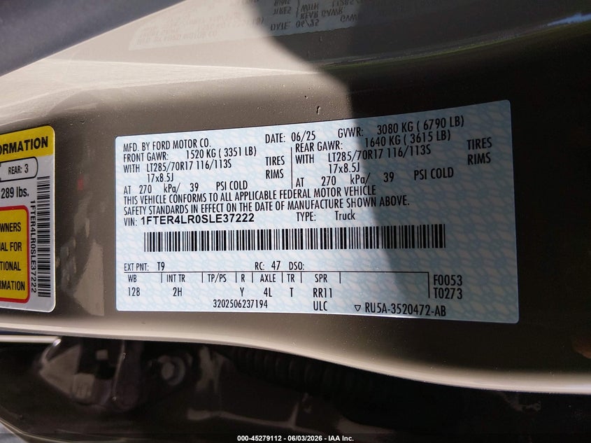 2025 Ford Ranger VIN 1FTER4LR0SLE37222 IAAI salvage auction — RIGHT FRONT, Salvage Title, sold $27,250 on 2026-07-30 (photo 9)