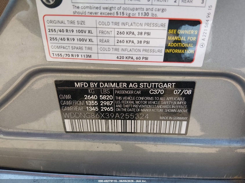 2009 Mercedes-benz S class VIN WDDNG86X39A255324 IAAI salvage auction — NORMAL WEAR, Clear (Maryland), sold $1,550 on 2026-07-22 (photo 9)