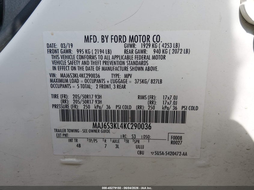 2019 Ford Ecosport VIN MAJ6S3KL4KC290036 IAAI salvage auction — HAIL, Salvage Title, sold $3,550 on 2026-07-24 (photo 9)