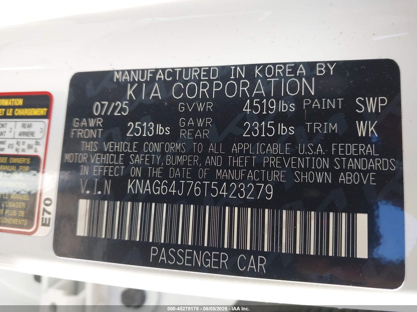 2026 Kia K5 VIN KNAG64J76T5423279 IAAI salvage auction — ROOF, Salvage Title, sold $6,050 on 2026-07-24 (photo 9)