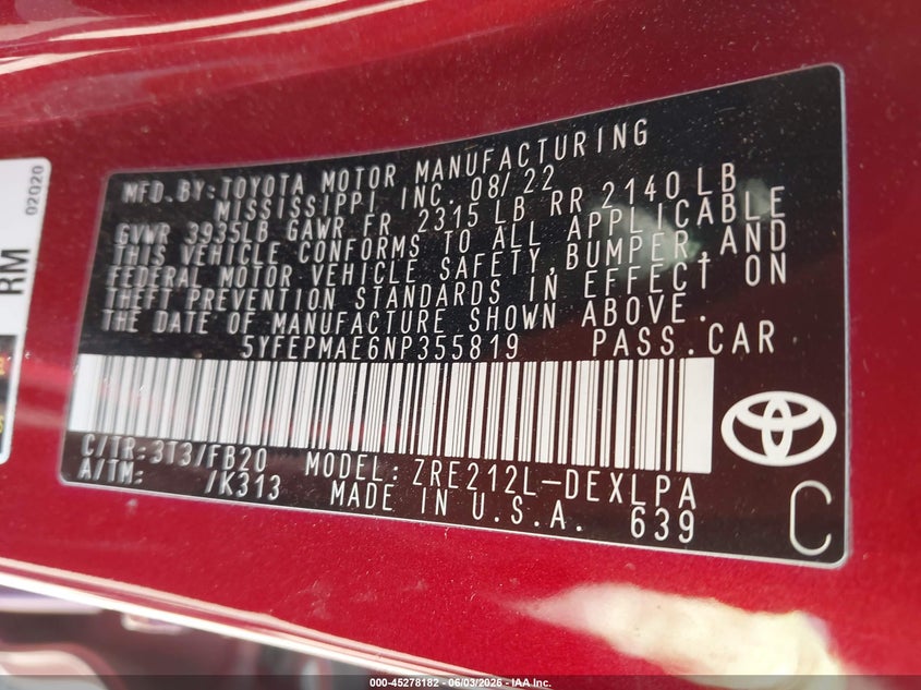 2022 Toyota Corolla VIN 5YFEPMAE6NP355819 IAAI salvage auction — FRONT END, Salvage Title, sold $2,500 on 2026-07-22 (photo 9)