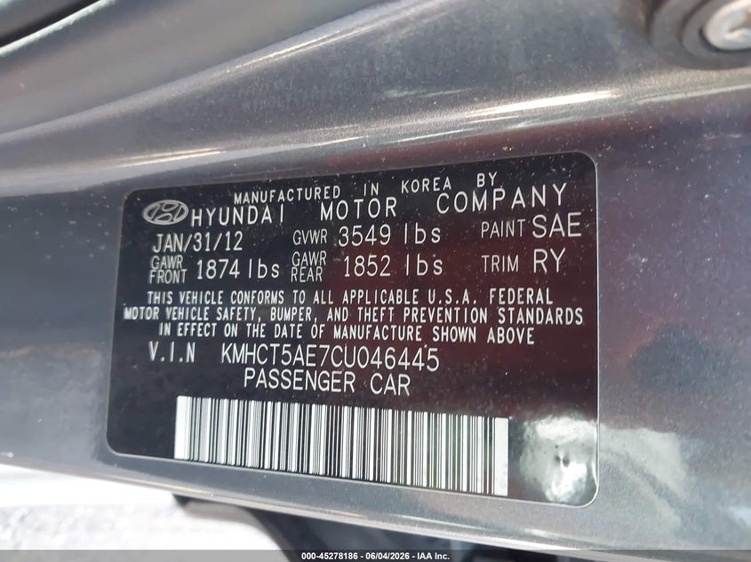 2012 Hyundai Accent VIN KMHCT5AE7CU046445 IAAI salvage auction — FRONT END, Salvage Title, sold $400 on 2026-07-08 (photo 9)