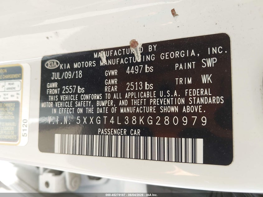 2019 Kia Optima VIN 5XXGT4L38KG280979 IAAI salvage auction — FRONT END, Salvage - Greater Than 75% (Maryland), sold $1,400 on 2026-07-29 (photo 9)