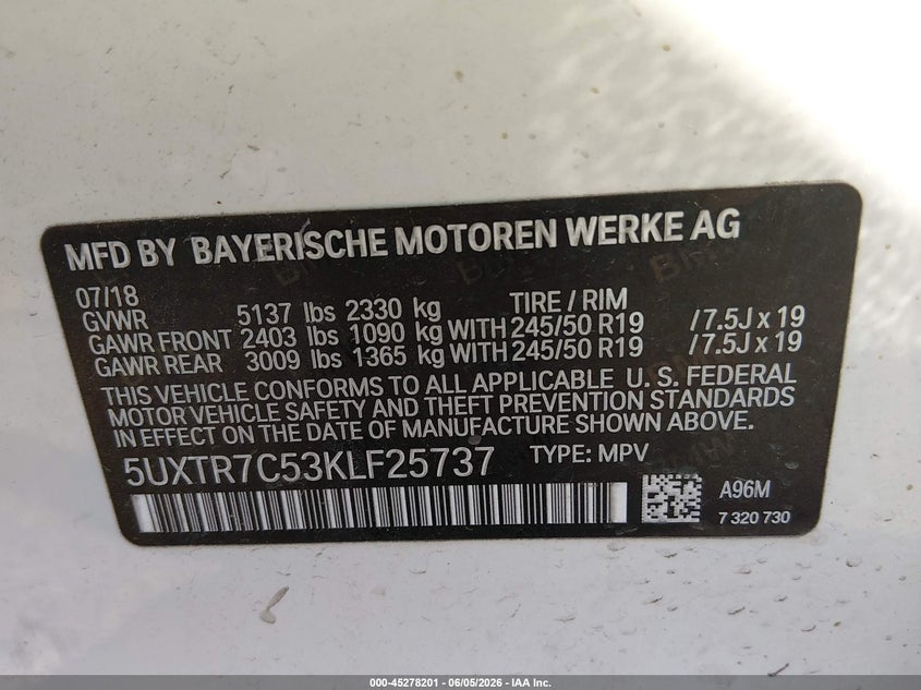 2019 BMW X3 VIN 5UXTR7C53KLF25737 IAAI salvage auction — FRONT END, Salvage Title, sold $8,500 on 2026-07-08 (photo 9)