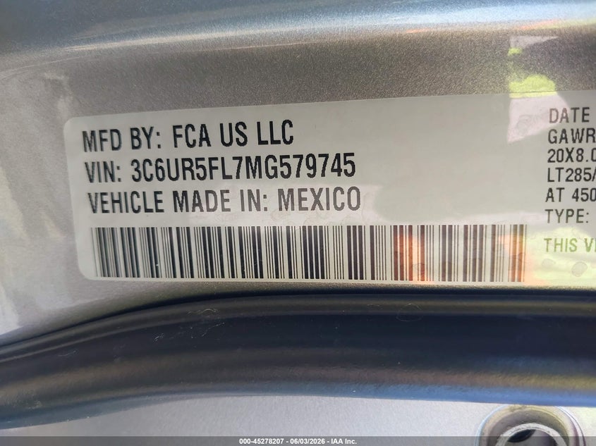 2021 Ram 2500 VIN 3C6UR5FL7MG579745 IAAI salvage auction — FRONT END, Salvage Title, sold $13,500 on 2026-07-29 (photo 9)
