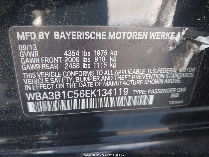 2014 BMW 3 series VIN WBA3B1C56EK134119 IAAI salvage auction — FRONT END, Repossession Paperwork (Georgia), sold $375 on 2026-07-29 (photo 9)