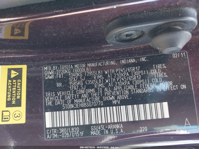 2011 Toyota Highlander VIN 5TDBK3EH8BS070770 IAAI salvage auction — RIGHT SIDE, Clear (Virginia), sold $2,350 on 2026-07-28 (photo 9)