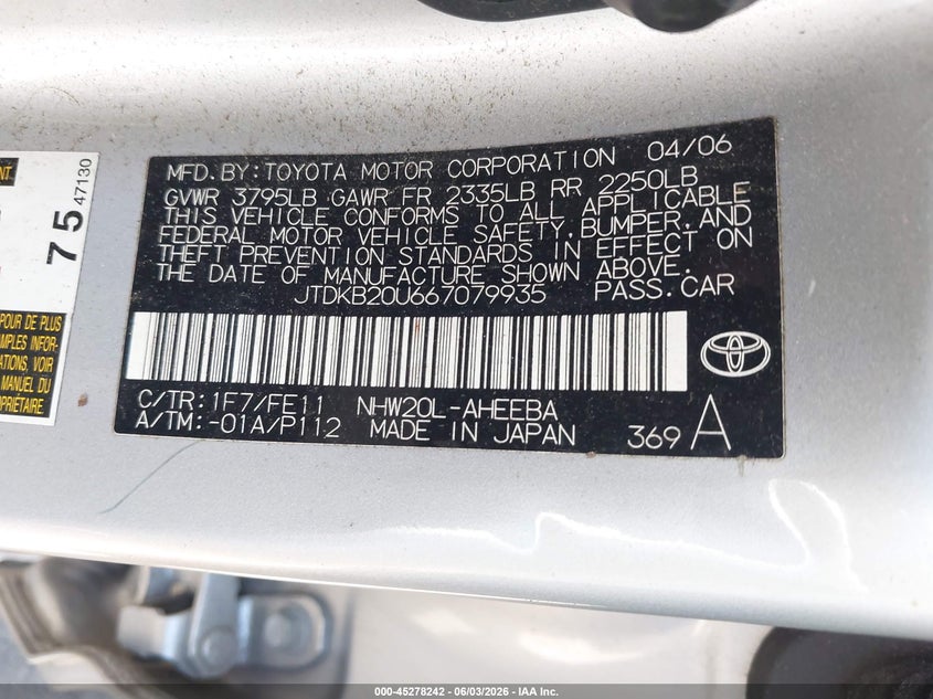 2006 Toyota Prius VIN JTDKB20U667079935 IAAI salvage auction — FRONT END, Salvage - Greater Than 75% (Maryland), sold $625 on 2026-07-28 (photo 9)