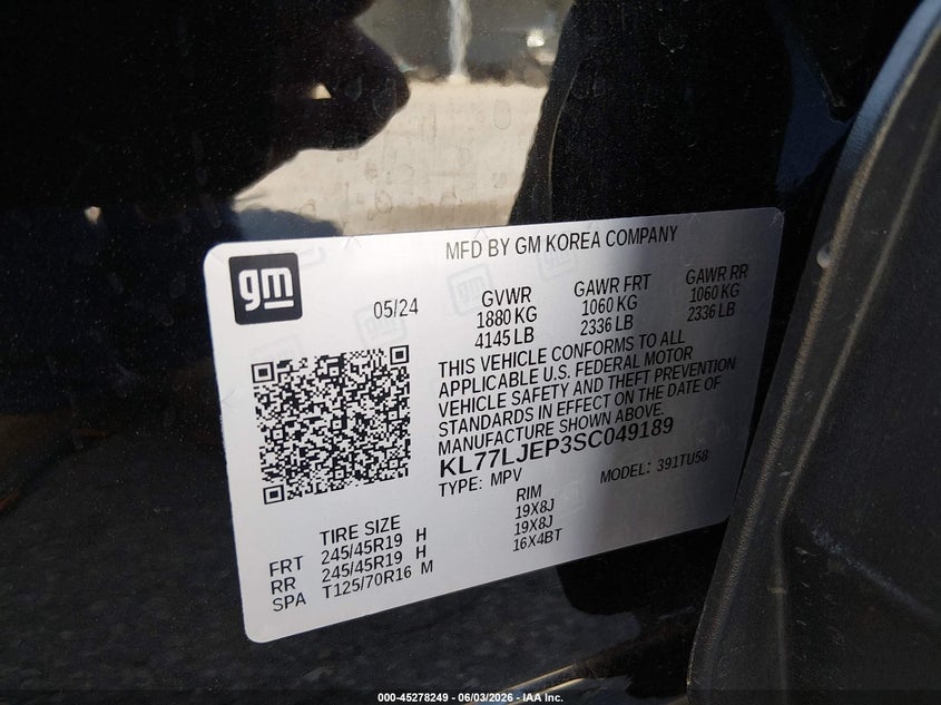 2025 Chevrolet Trax VIN KL77LJEP3SC049189 IAAI salvage auction — FRONT END, Salvage (Maine), sold $6,300 on 2026-07-31 (photo 9)