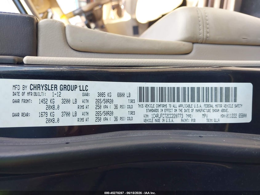 2012 Jeep Grand cherokee VIN 1C4RJFCT2CC220773 IAAI salvage auction — NORMAL WEAR, Clear (Illinois), sold $550 on 2026-07-30 (photo 9)