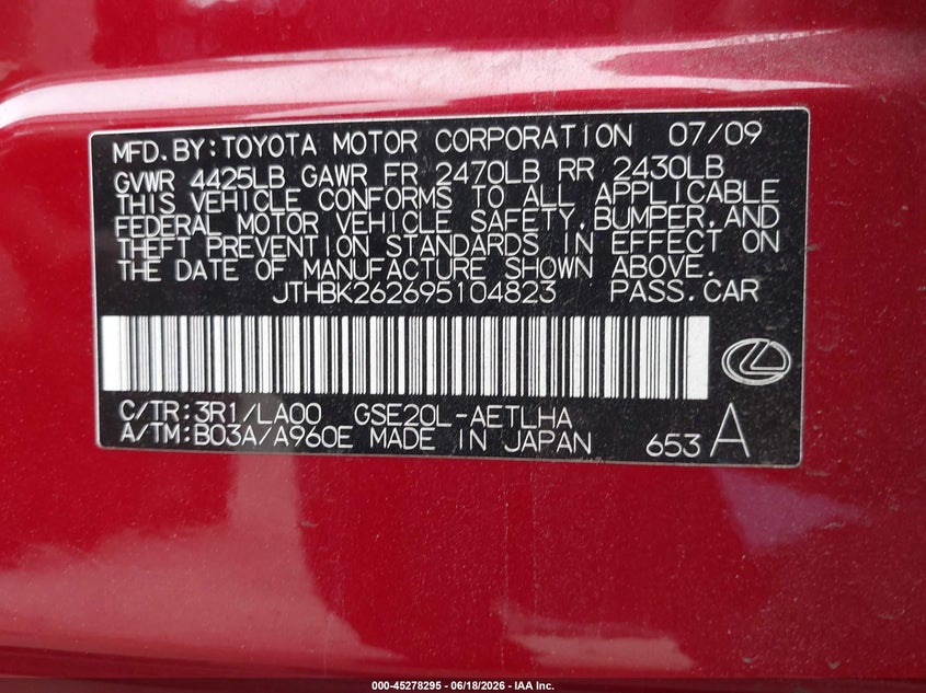 2009 Lexus Is 250 VIN JTHBK262695104823 IAAI salvage auction — REAR END, Salvage (California), sold $2,050 on 2026-07-30 (photo 9)