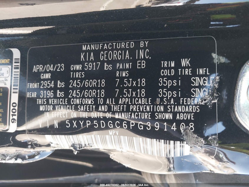 2023 Kia Telluride VIN 5XYP5DGC6PG391408 IAAI salvage auction — SIDE, Salvage Title, sold $5,350 on 2026-07-21 (photo 9)