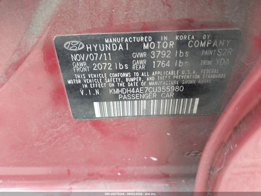 2012 Hyundai Elantra VIN KMHDH4AE7CU355980 IAAI salvage auction — REAR END, Salvage Title, sold $575 on 2026-07-20 (photo 9)