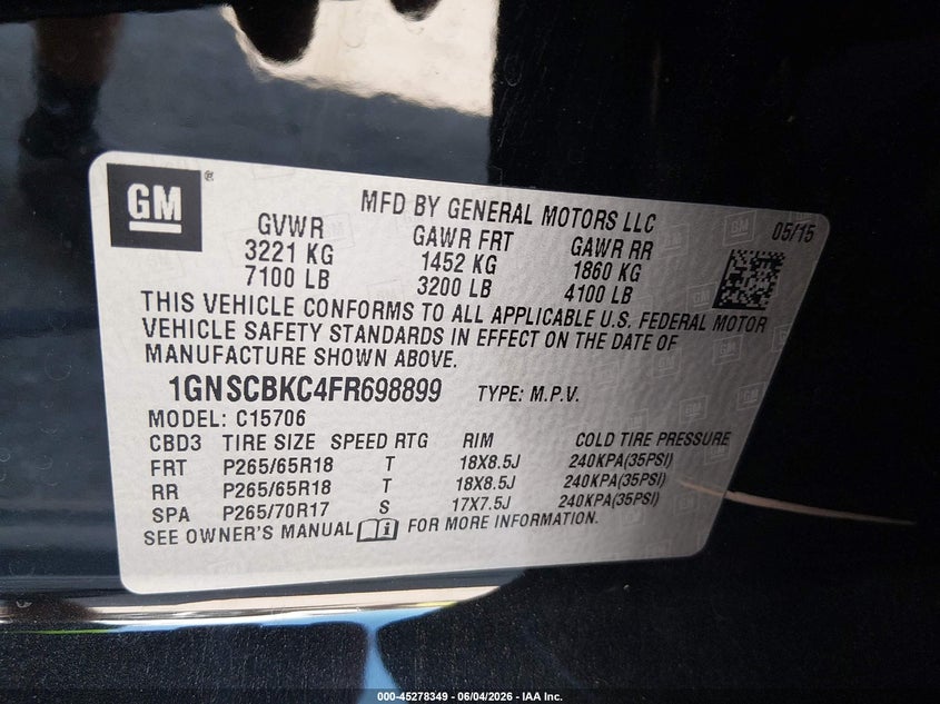 2015 Chevrolet Tahoe VIN 1GNSCBKC4FR698899 IAAI salvage auction — FRONT END, Original (Texas), sold $3,150 on 2026-07-09 (photo 9)