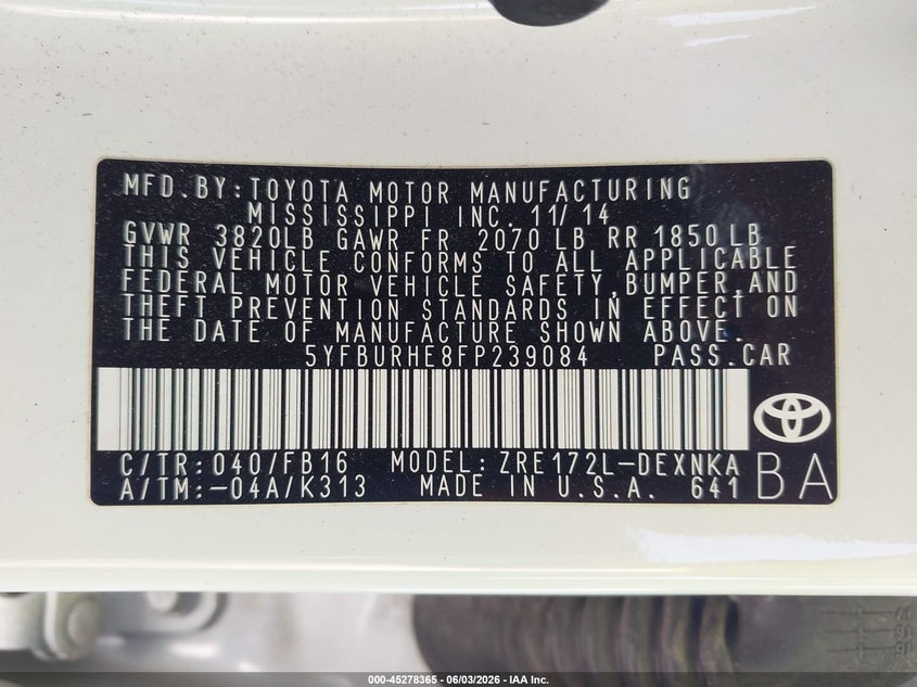 2015 Toyota Corolla VIN 5YFBURHE8FP239084 IAAI salvage auction — LEFT SIDE, Salvage Title, sold $3,050 on 2026-07-18 (photo 9)