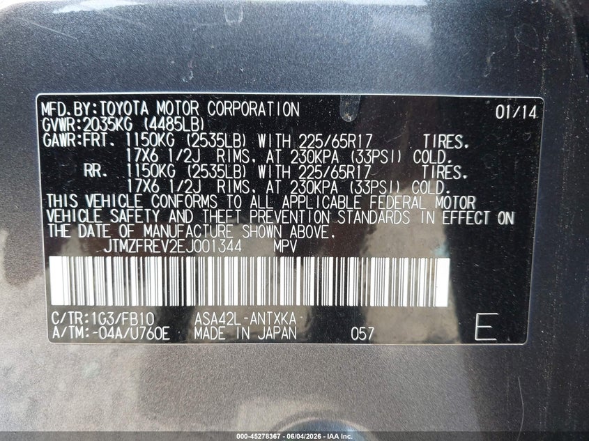 2014 Toyota Rav 4 VIN JTMZFREV2EJ001344 IAAI salvage auction — FRONT END, Salvage Title, sold $4,750 on 2026-07-28 (photo 9)