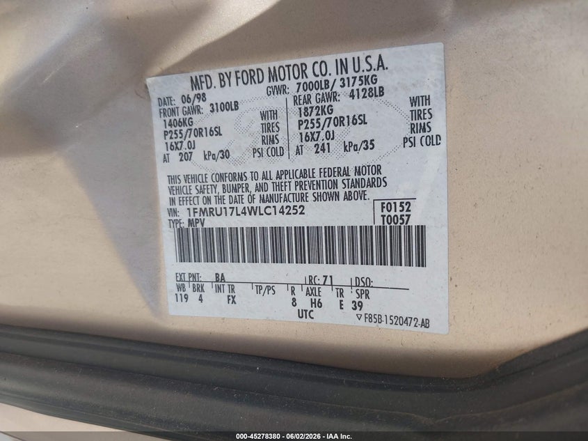 1998 Ford Expedition VIN 1FMRU17L4WLC14252 IAAI salvage auction — FRONT END, Salvage (Arizona), sold $325 on 2026-07-09 (photo 9)