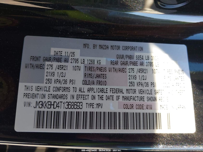 2026 Mazda Cx-90 VIN JM3KKBHD4T1368693 IAAI salvage auction — ROOF, Salvage Title, sold $7,100 on 2026-07-23 (photo 9)