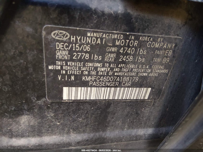 2007 Hyundai Azera VIN KMHFC46D07A188179 IAAI salvage auction — LEFT FRONT, Salvage (Arizona), sold $550 on 2026-07-28 (photo 9)