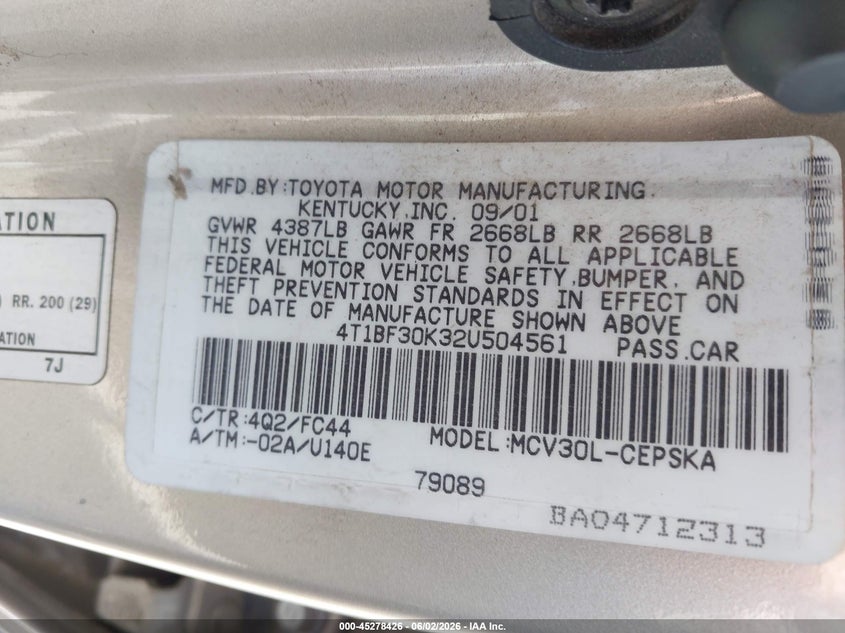 2002 Toyota Camry VIN 4T1BF30K32U504561 IAAI salvage auction — THEFT, Salvage (Arizona), sold $1,050 on 2026-07-09 (photo 9)