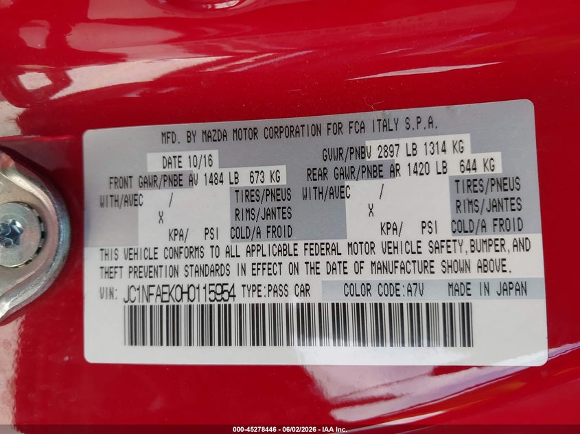 2017 Fiat 124 spider VIN JC1NFAEK0H0115954 IAAI salvage auction — SIDE, Salvage (Texas), sold $5,200 on 2026-08-13 (photo 9)