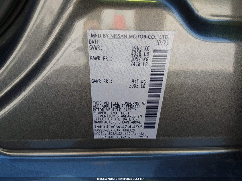 2025 Nissan Altima VIN 1N4BL4CV0SN424496 IAAI salvage auction — RIGHT FRONT, Salvage Title, sold $9,700 on 2026-07-29 (photo 9)