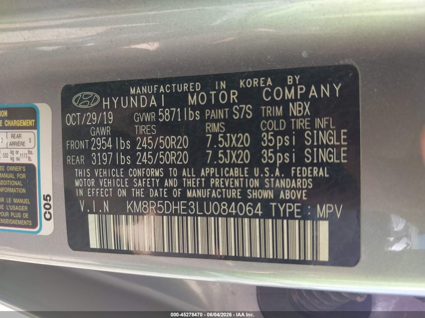 2020 Hyundai Palisade VIN KM8R5DHE3LU084064 IAAI salvage auction — RIGHT FRONT, Salvage Title, sold $7,300 on 2026-07-15 (photo 9)