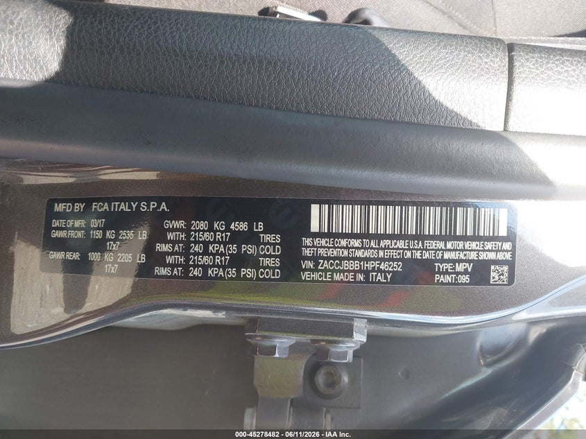2017 Jeep Renegade VIN ZACCJBBB1HPF46252 IAAI salvage auction — FRONT END, Mv-907A (New York), sold $725 on 2026-07-06 (photo 9)