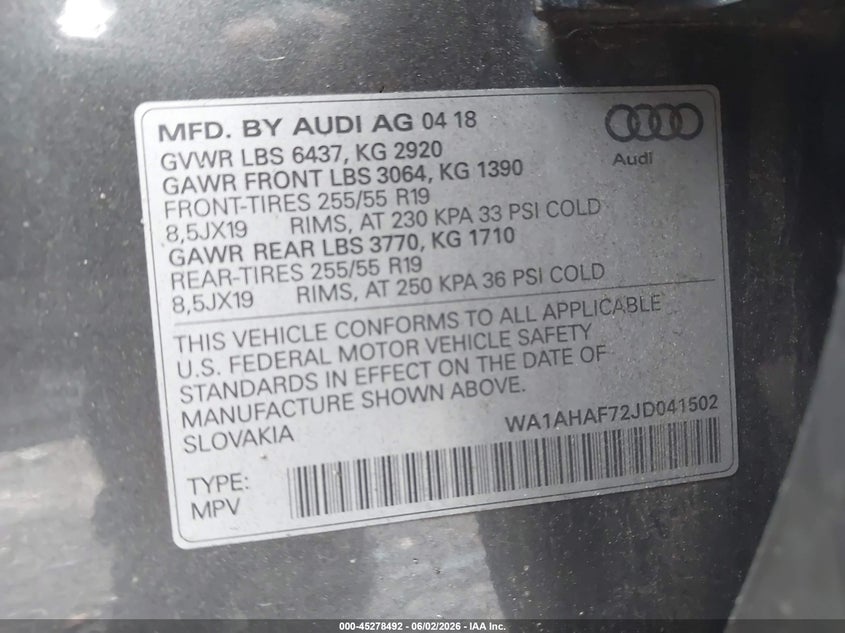 2018 Audi Q7 VIN WA1AHAF72JD041502 IAAI salvage auction — FRONT END, Salvage Title, sold $1,200 on 2026-07-11 (photo 9)