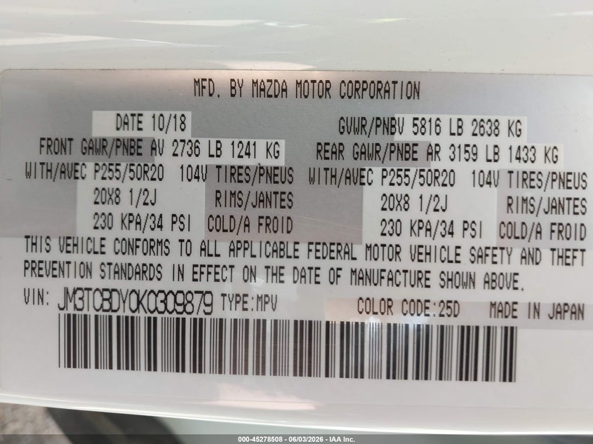 2019 Mazda Cx-9 VIN JM3TCBDY0K0309879 IAAI salvage auction — REAR END, Salvage (Minnesota), sold $7,700 on 2026-08-02 (photo 9)