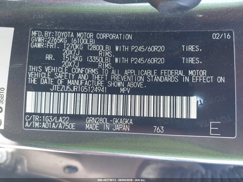 2016 Toyota 4runner VIN JTEZU5JR1G5124941 IAAI salvage auction — RIGHT FRONT, Salvage Title, sold $6,700 on 2026-07-08 (photo 9)