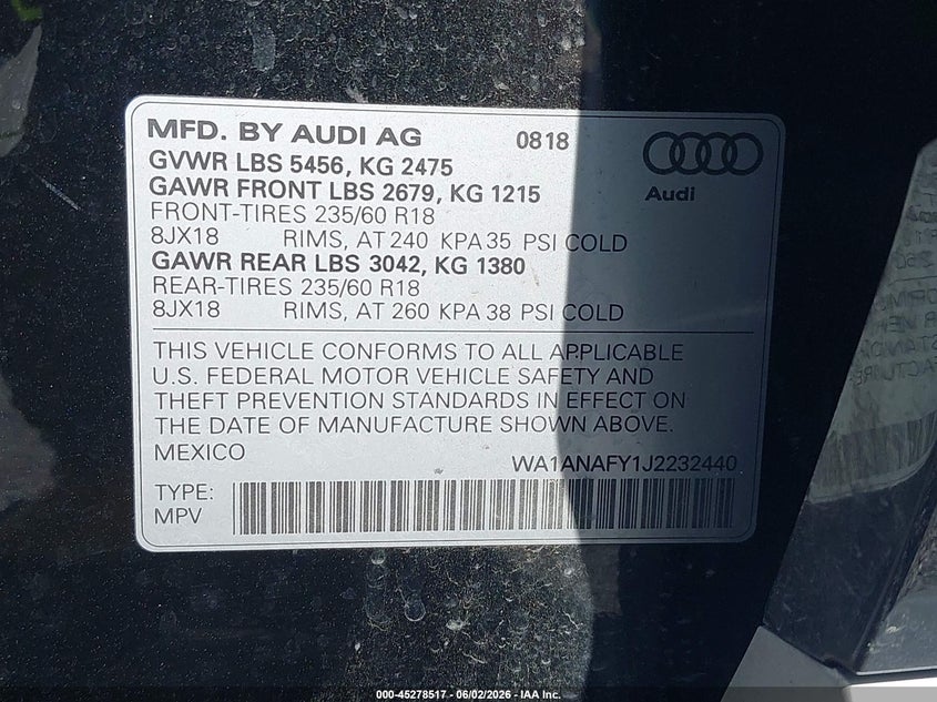 2018 Audi Q5 VIN WA1ANAFY1J2232440 IAAI salvage auction — SIDE, Salvage (Missouri), sold $25 on 2026-07-21 (photo 9)