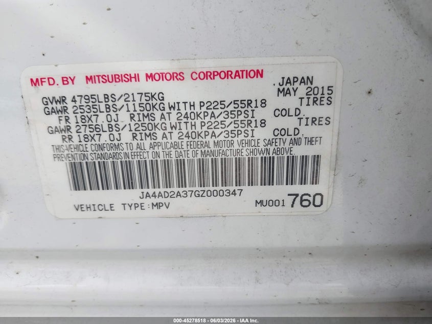 2016 Mitsubishi Outlander VIN JA4AD2A37GZ000347 IAAI salvage auction — FRONT END, Salvage Title, sold $750 on 2026-07-09 (photo 9)