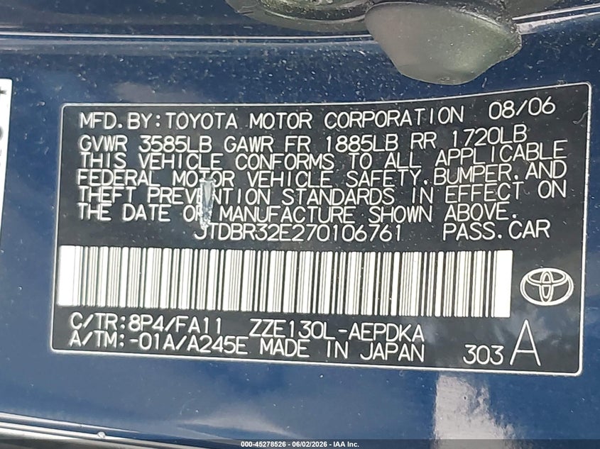 2007 Toyota Corolla VIN JTDBR32E270106761 IAAI salvage auction — RIGHT SIDE, Non-Repairable (Texas), sold $475 on 2026-07-08 (photo 9)