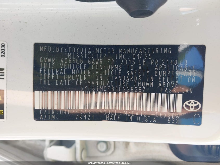 2025 Toyota Corolla VIN 5YFS4MCE8SP228297 IAAI salvage auction — SIDE, Salvage Title, sold $4,250 on 2026-07-28 (photo 9)