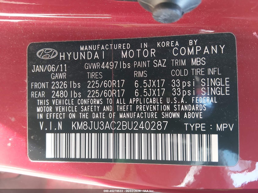 2011 Hyundai Tucson VIN KM8JU3AC2BU240287 IAAI salvage auction — NORMAL WEAR, Clear (New Jersey), sold $1,400 on 2026-07-14 (photo 9)